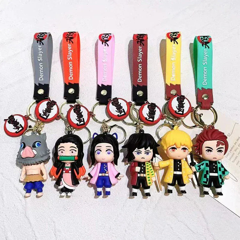 6 Pcs Demon Slayer Cartoon PVC Doll Car Keychain, Cute Anime Silicone Keychain for Backpack, Creative Couple Pendant, Gift for K
