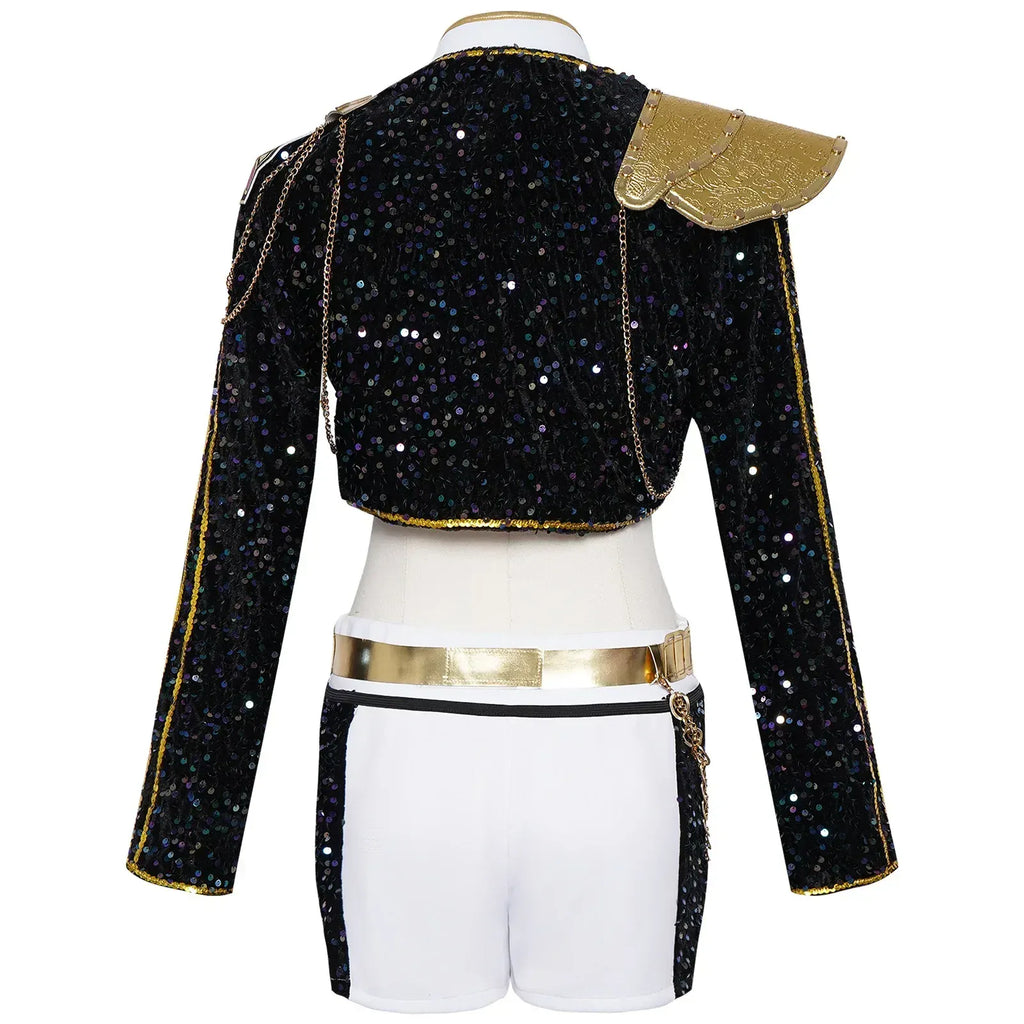 Kids Rumi Zoey Mira Cosplay KPop Demon Hunters Costume Women Girls Black Golden Suit Saja Boys Halloween Role Playing Outfits