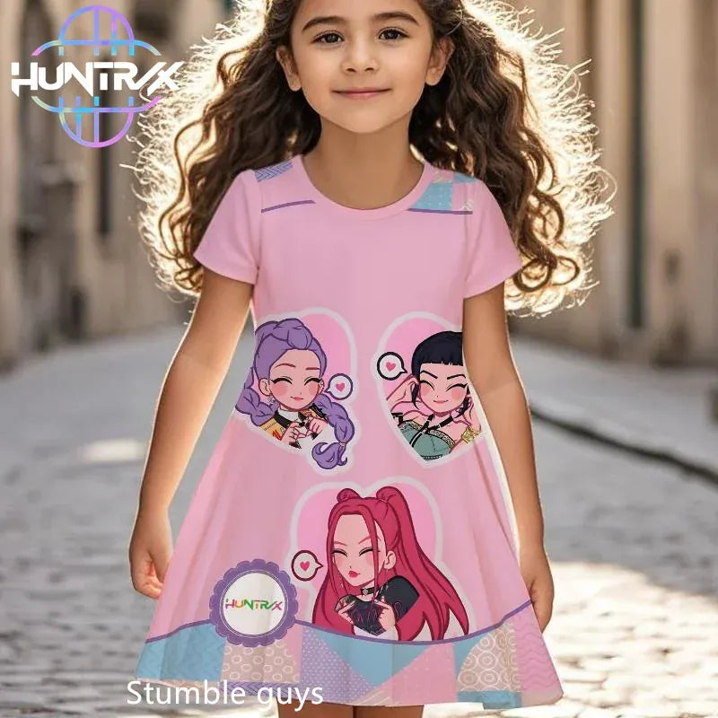 K-pop Demon Hunters Girls Kids Dress Summer Cartoon Anime Graphic Short Sleeve Beach Sundress Casual Nightgown