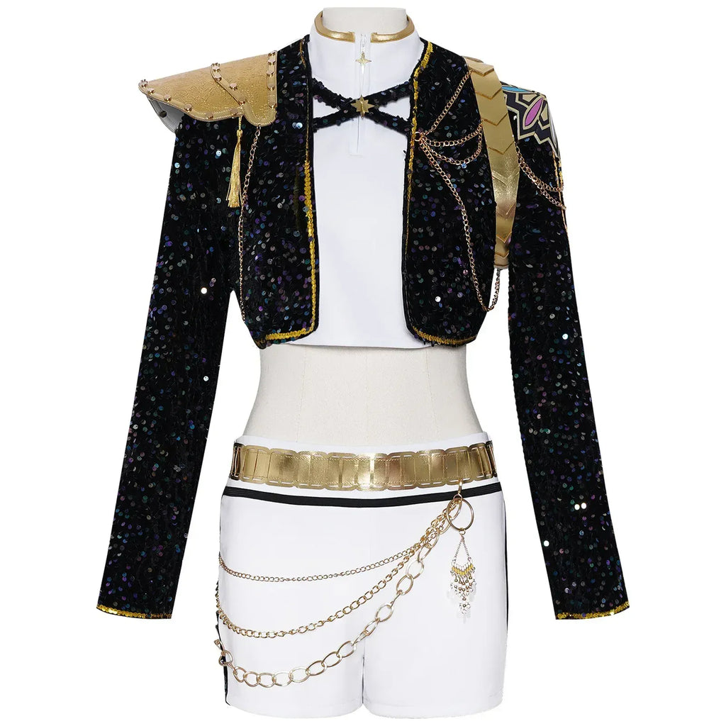 Kids Rumi Zoey Mira Cosplay KPop Demon Hunters Costume Women Girls Black Golden Suit Saja Boys Halloween Role Playing Outfits