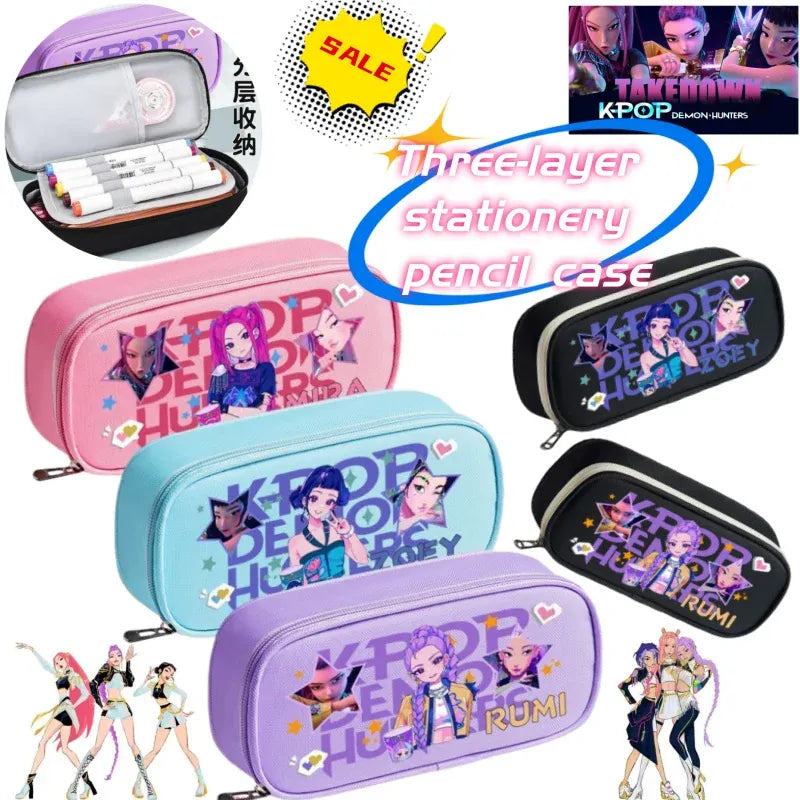 K-pop Demon Hunters Cartoon Fashion Creative Large Capacity Oxford Cloth Three-Layer Student Pencil Case for Boys and Girls