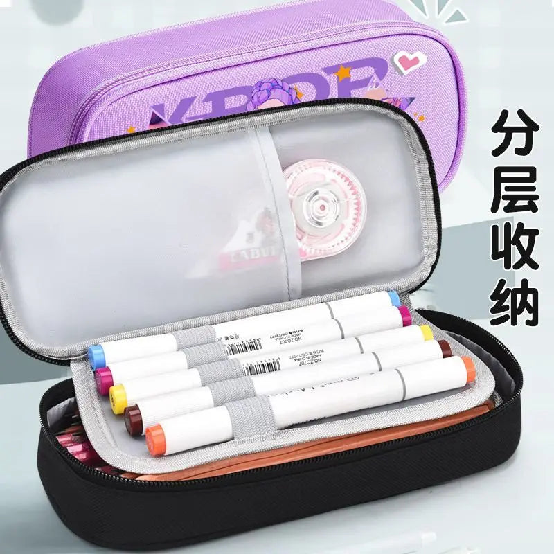 K-pop Demon Hunters Cartoon Fashion Creative Large Capacity Oxford Cloth Three-Layer Student Pencil Case for Boys and Girls