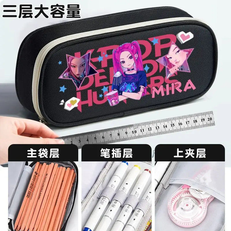 K-pop Demon Hunters Cartoon Fashion Creative Large Capacity Oxford Cloth Three-Layer Student Pencil Case for Boys and Girls