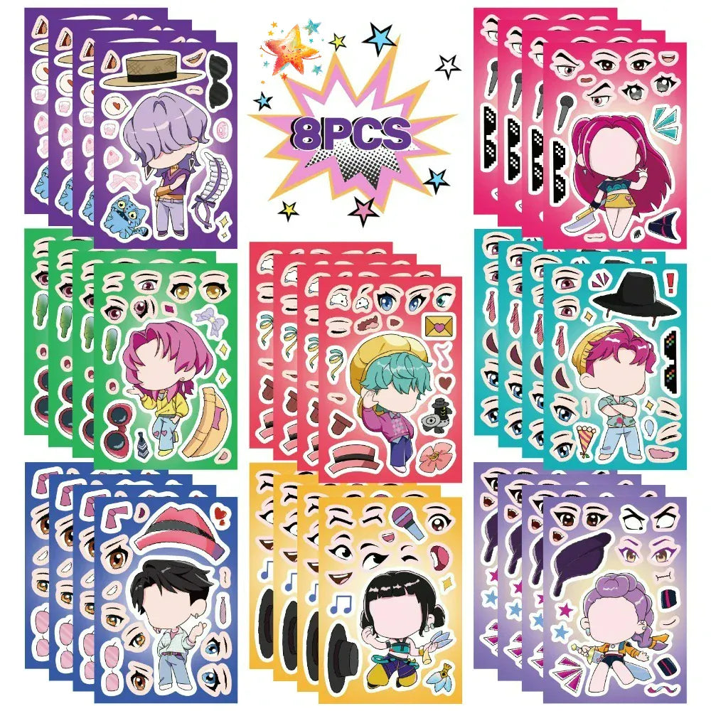 Kawaii Anime K-pop Demon Hunter Sticker 8Sheets DIY Make a Face Puzzle Stickers Cartoon Toys Jigsaw Assemble Decals Kids Gifts