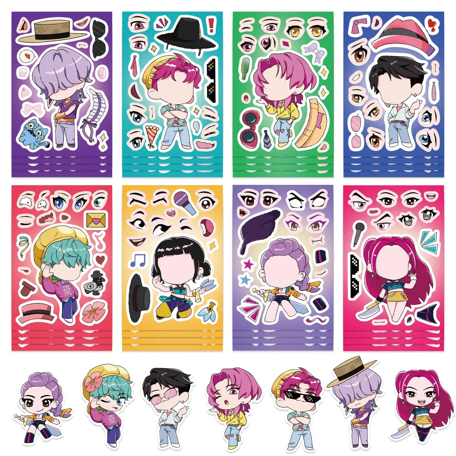 Kawaii Anime K-pop Demon Hunter Sticker 8Sheets DIY Make a Face Puzzle Stickers Cartoon Toys Jigsaw Assemble Decals Kids Gifts