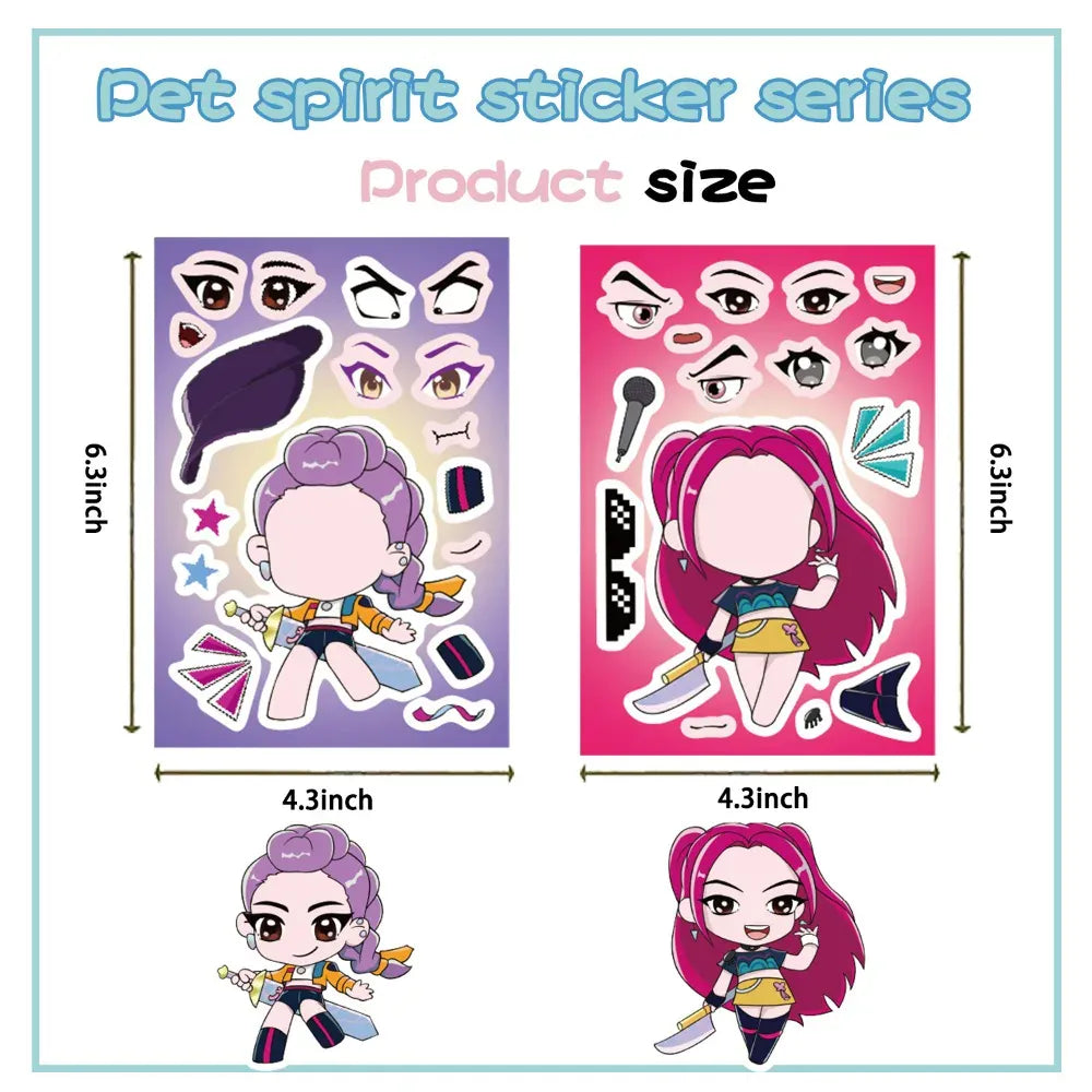 Kawaii Anime K-pop Demon Hunter Sticker 8Sheets DIY Make a Face Puzzle Stickers Cartoon Toys Jigsaw Assemble Decals Kids Gifts
