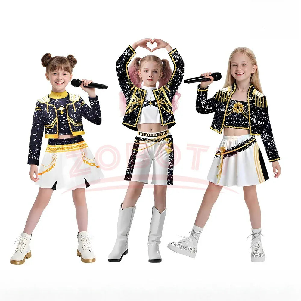 Kids Girls K-pop Rumi Zoey Cosplay Huntrix Costume 3D Print Demon Hunters Mira Stage Costumes Child Halloween Party Clolthes Set