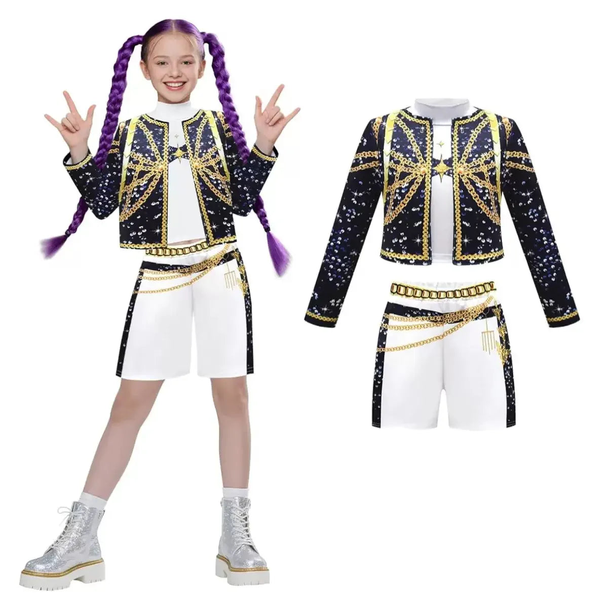 Kids Girls Kpop Rumi Zoey Mira Demon Hunters Cosplay Costume Disguise for Child Printed Clothes Roleplay Halloween Carnival Suit