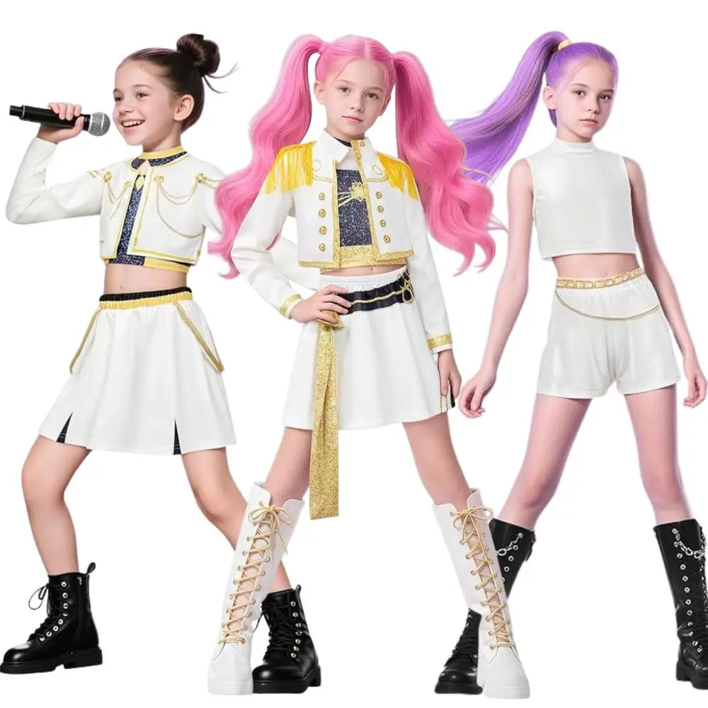 Kids Girls Kpop Rumi Zoey Mira Demon Hunters Cosplay Costume Disguise for Child Printed Clothes Roleplay Halloween Carnival Suit