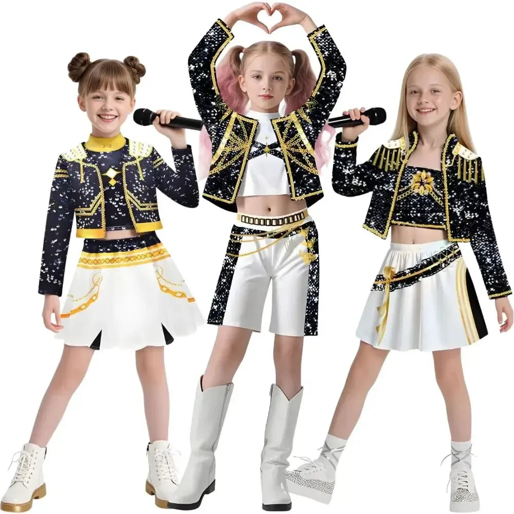 Kids Girls Kpop Rumi Zoey Mira Demon Hunters Cosplay Costume Disguise for Child Printed Clothes Roleplay Halloween Carnival Suit