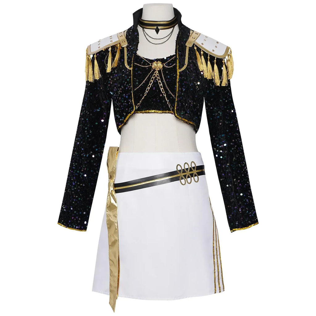 Kids Rumi Zoey Mira Cosplay KPop Demon Hunters Costume Women Girls Black Golden Suit Saja Boys Halloween Role Playing Outfits