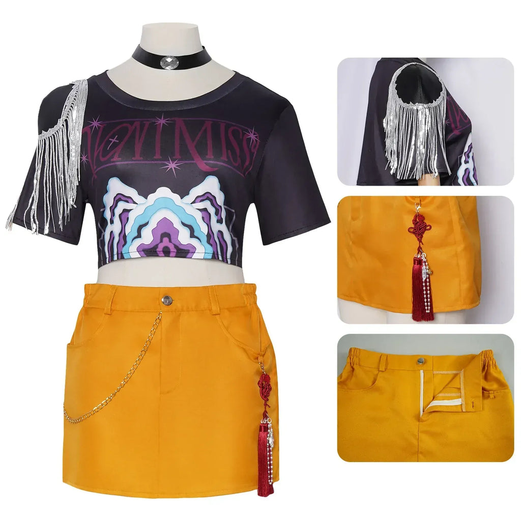 Kids Rumi Zoey Mira Cosplay KPop Demon Hunters Costume Women Girls Black Golden Suit Saja Boys Halloween Role Playing Outfits