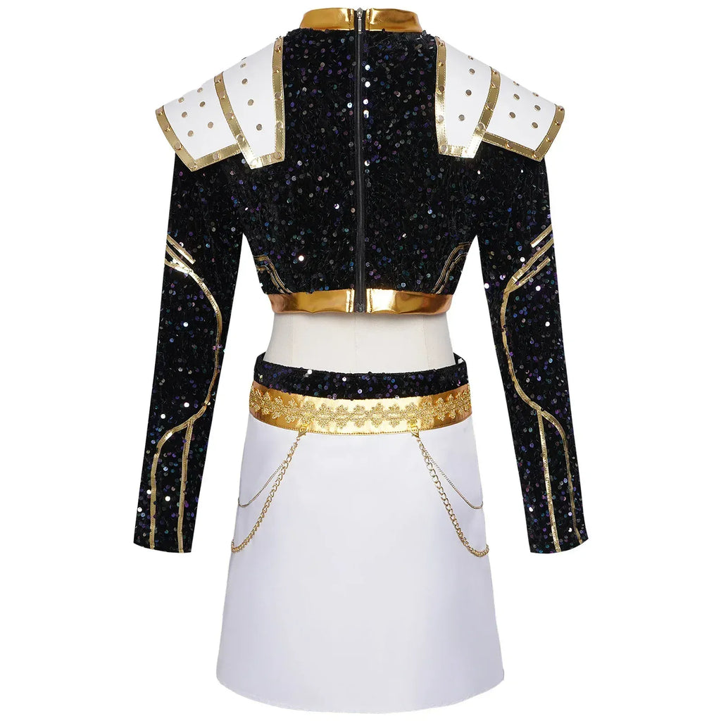 Kids Rumi Zoey Mira Cosplay KPop Demon Hunters Costume Women Girls Black Golden Suit Saja Boys Halloween Role Playing Outfits