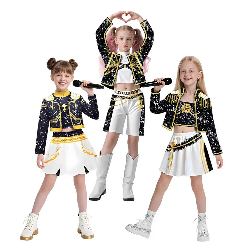 Kpop Demon Hunter Kids Costume Golden Huntrix Rumi Zoey Mira Cosplay Costume Set 3D Print Girls Stage Clothes Halloween Party