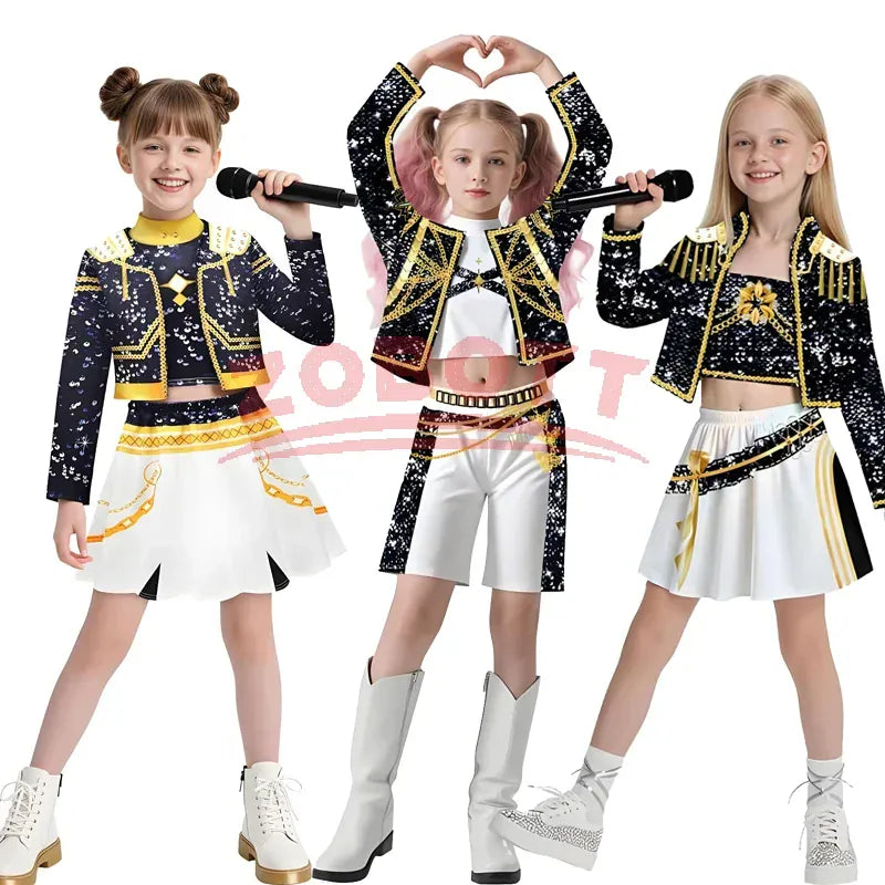 Kpop Demon Hunter Kids Costume Golden Huntrix Rumi Zoey Mira Cosplay Costume Set 3D Print Girls Stage Clothes Halloween Party