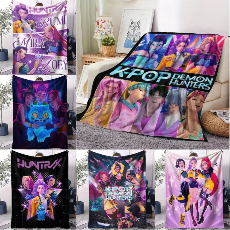 KPop Demon Hunters Blanket Rumi Mira Zoey Printed Flannel Throw for Home Leisure Camping Travel Fan Gifts