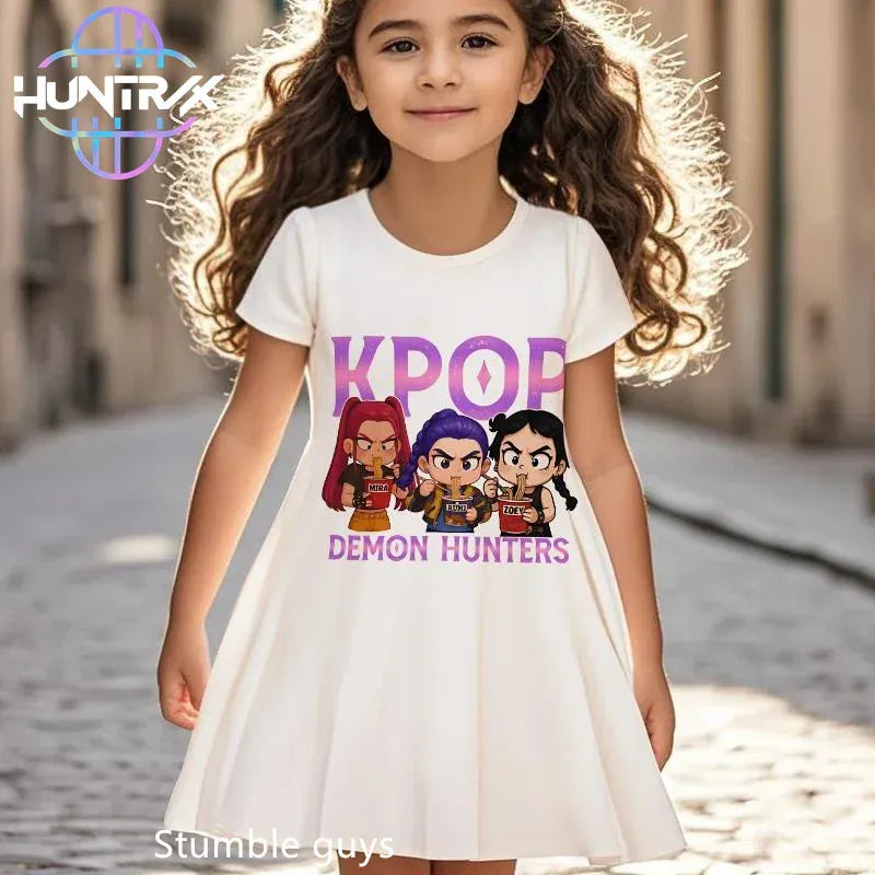K-pop Demon Hunters Girls Kids Dress Summer Cartoon Anime Graphic Short Sleeve Beach Sundress Casual Nightgown