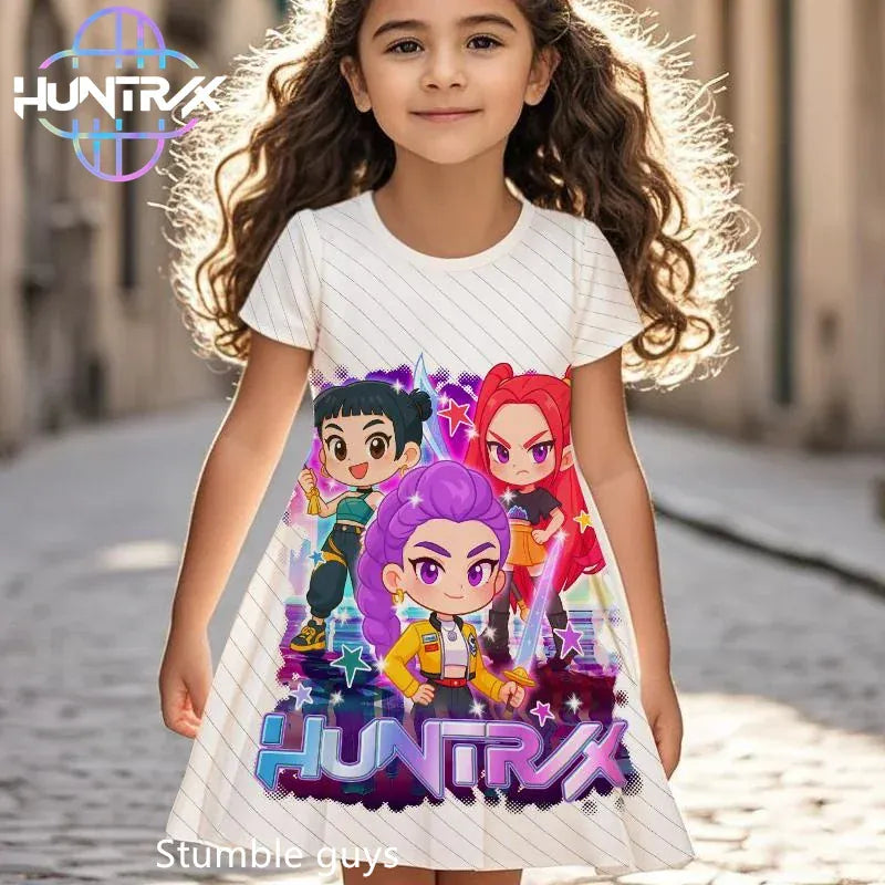 K-pop Demon Hunters Girls Kids Dress Summer Cartoon Anime Graphic Short Sleeve Beach Sundress Casual Nightgown