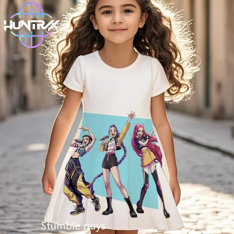 K-pop Demon Hunters Girls Kids Dress Summer Cartoon Anime Graphic Short Sleeve Beach Sundress Casual Nightgown