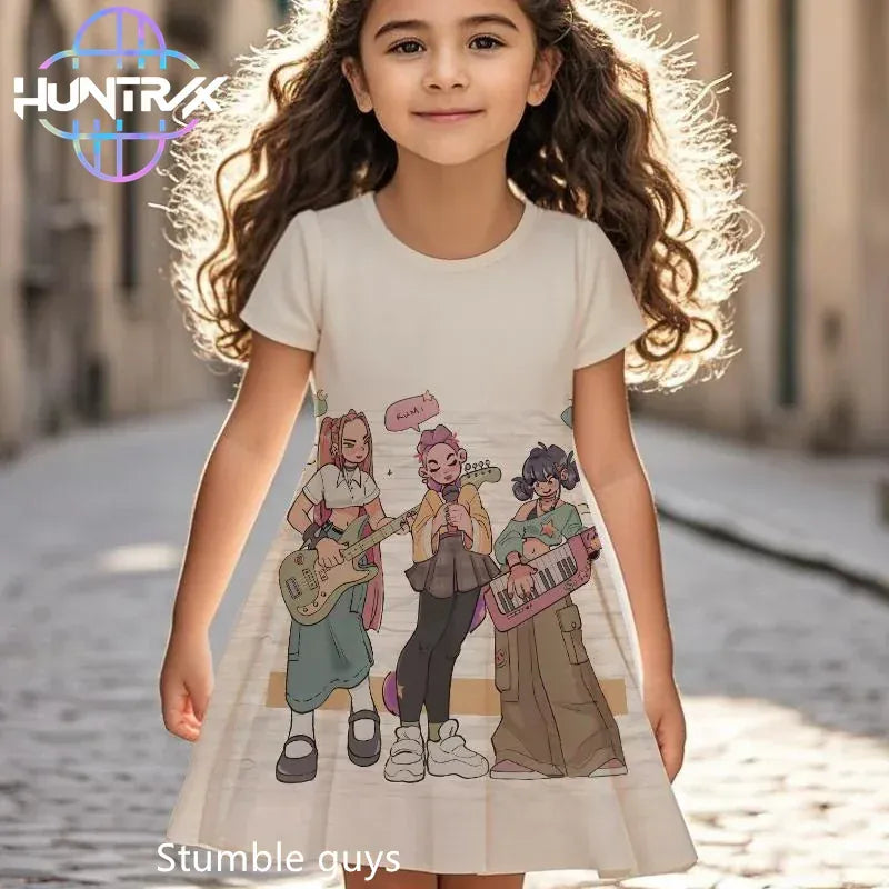 K-pop Demon Hunters Girls Kids Dress Summer Cartoon Anime Graphic Short Sleeve Beach Sundress Casual Nightgown