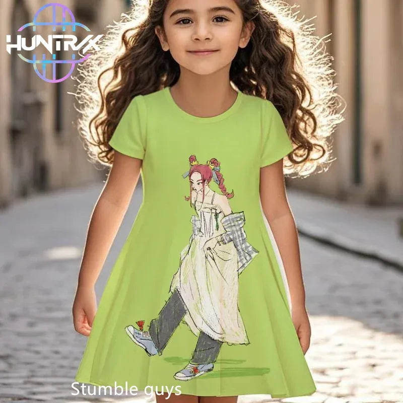 K-pop Demon Hunters Girls Kids Dress Summer Cartoon Anime Graphic Short Sleeve Beach Sundress Casual Nightgown