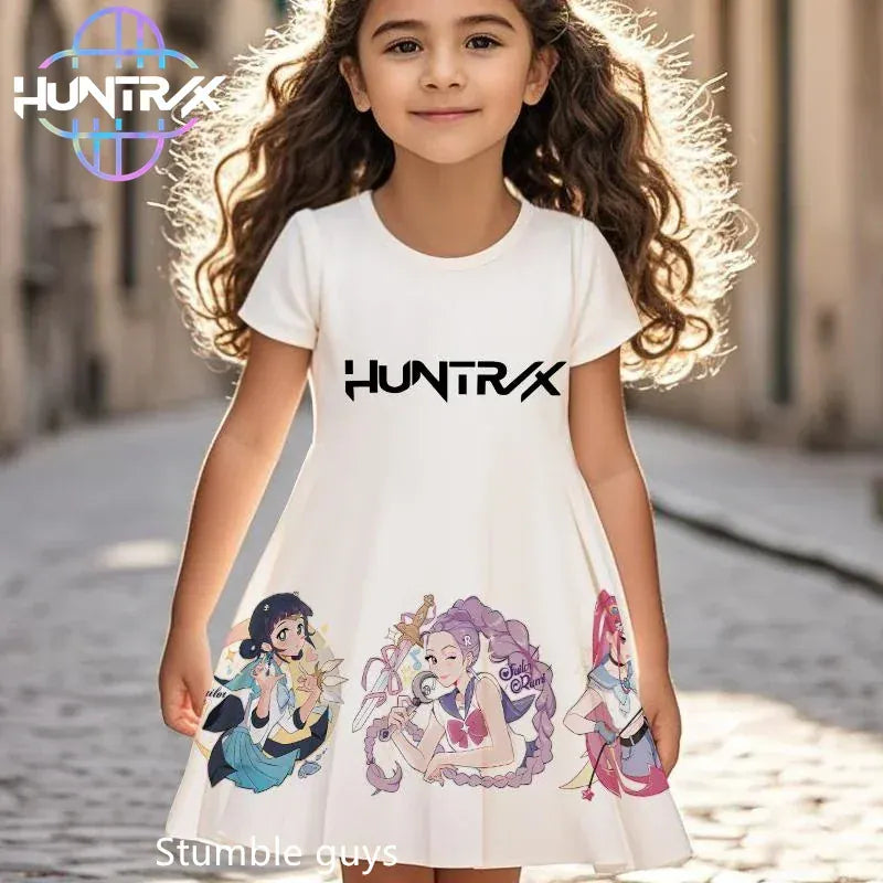 K-pop Demon Hunters Girls Kids Dress Summer Cartoon Anime Graphic Short Sleeve Beach Sundress Casual Nightgown