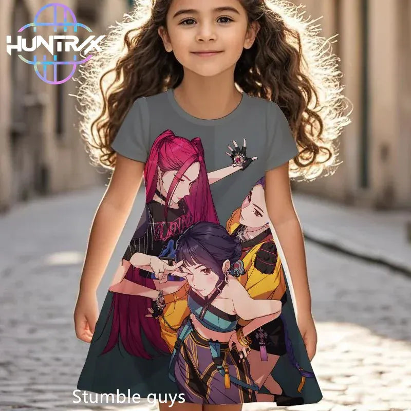 K-pop Demon Hunters Girls Kids Dress Summer Cartoon Anime Graphic Short Sleeve Beach Sundress Casual Nightgown