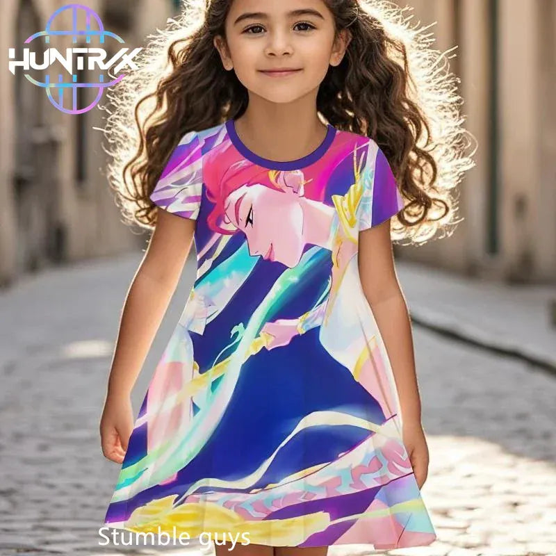 K-pop Demon Hunters Girls Kids Dress Summer Cartoon Anime Graphic Short Sleeve Beach Sundress Casual Nightgown