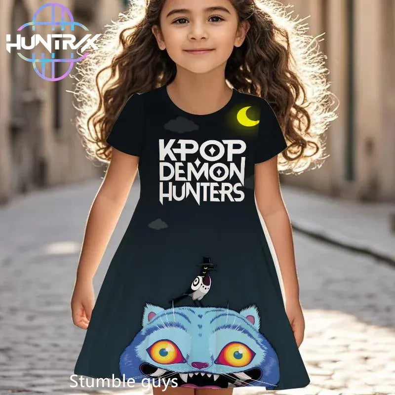 K-pop Demon Hunters Girls Kids Dress Summer Cartoon Anime Graphic Short Sleeve Beach Sundress Casual Nightgown