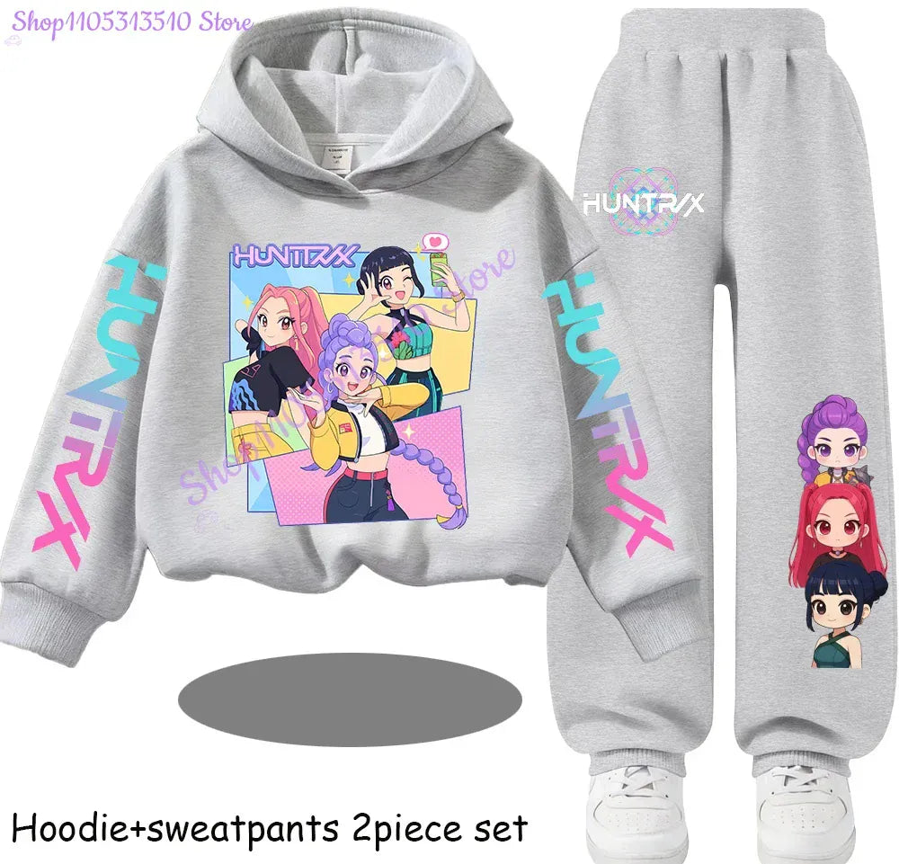 Kpop Demon Hunters Kids New Fashion Cartoon Print 2pcs Hoodie+Pants Sportsuits Casual Outfits Clothes for 2-13 Years Boys Girls