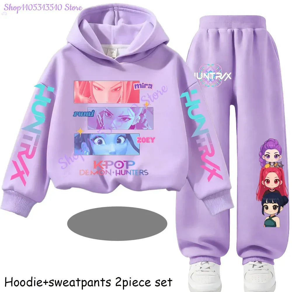 Kpop Demon Hunters Kids New Fashion Cartoon Print 2pcs Hoodie+Pants Sportsuits Casual Outfits Clothes for 2-13 Years Boys Girls