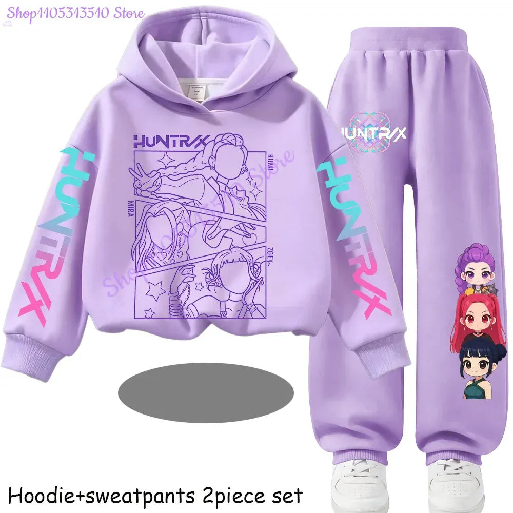 Kpop Demon Hunters Kids New Fashion Cartoon Print 2pcs Hoodie+Pants Sportsuits Casual Outfits Clothes for 2-13 Years Boys Girls