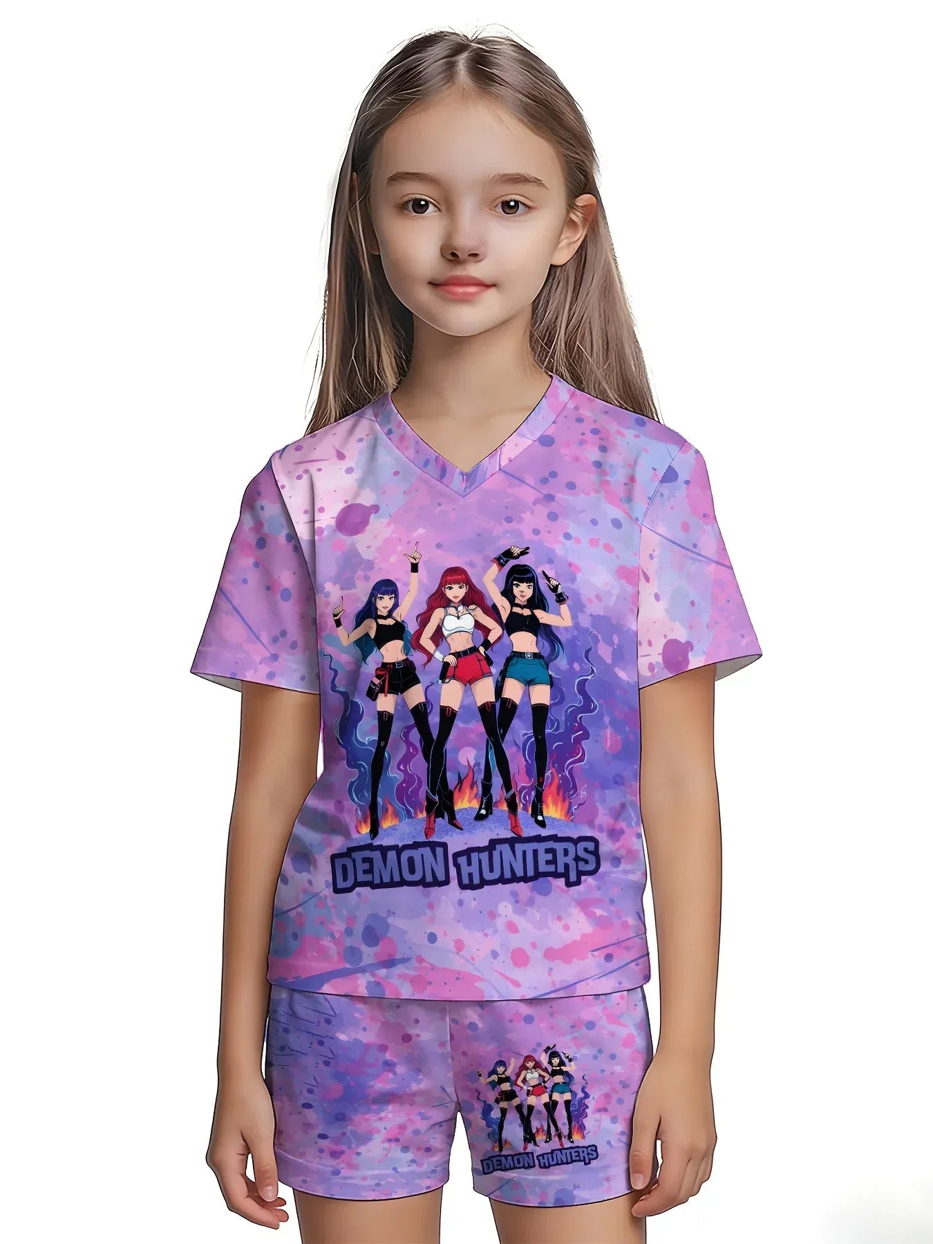 KPop Demon Hunters New T-shirt Pants Set Girls Summer Clothing Kawaii Smile Face Short Sleeve Outfits Kids Tee Top Pajamas Gift