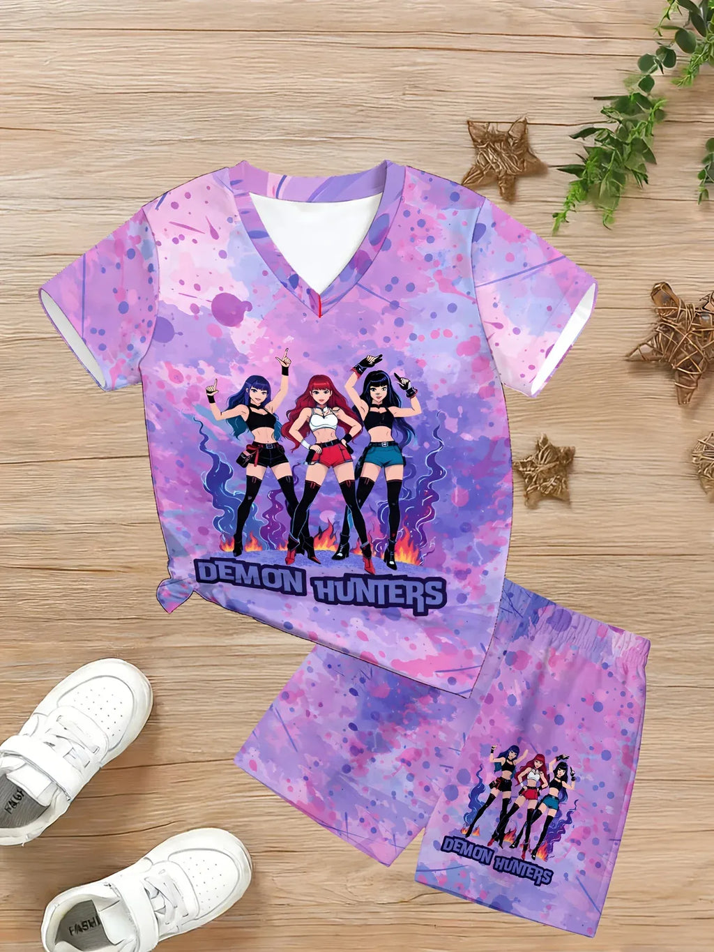 KPop Demon Hunters New T-shirt Pants Set Girls Summer Clothing Kawaii Smile Face Short Sleeve Outfits Kids Tee Top Pajamas Gift