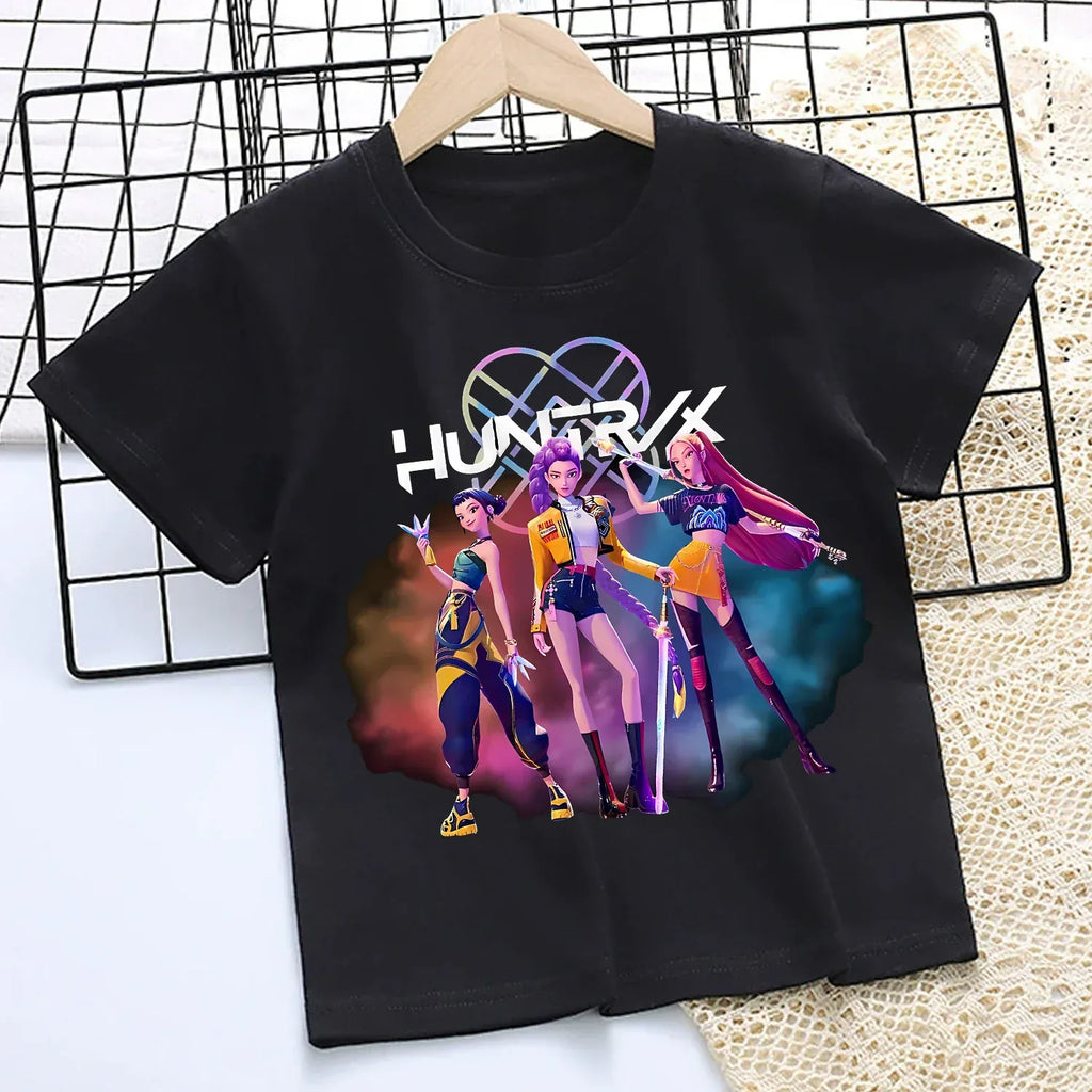 KPop Demon Hunters T-shirt for Children Cartoon Black Tee Top Girls Round Collar Short Sleeve Clothes Kids Summer Clothing Gift
