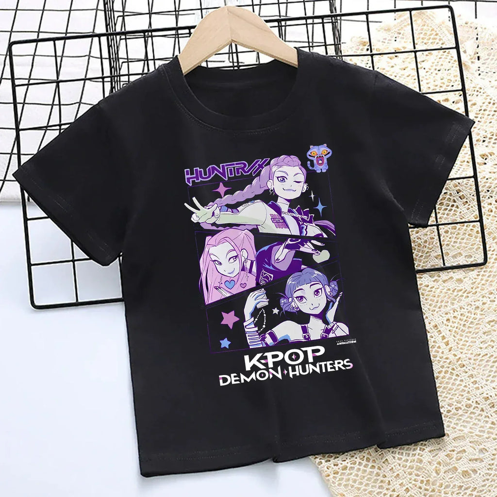 KPop Demon Hunters T-shirt for Children Cartoon Black Tee Top Girls Round Collar Short Sleeve Clothes Kids Summer Clothing Gift