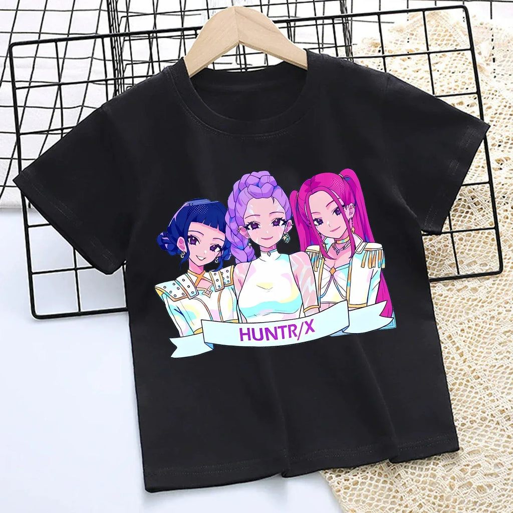KPop Demon Hunters T-shirt for Children Cartoon Black Tee Top Girls Round Collar Short Sleeve Clothes Kids Summer Clothing Gift