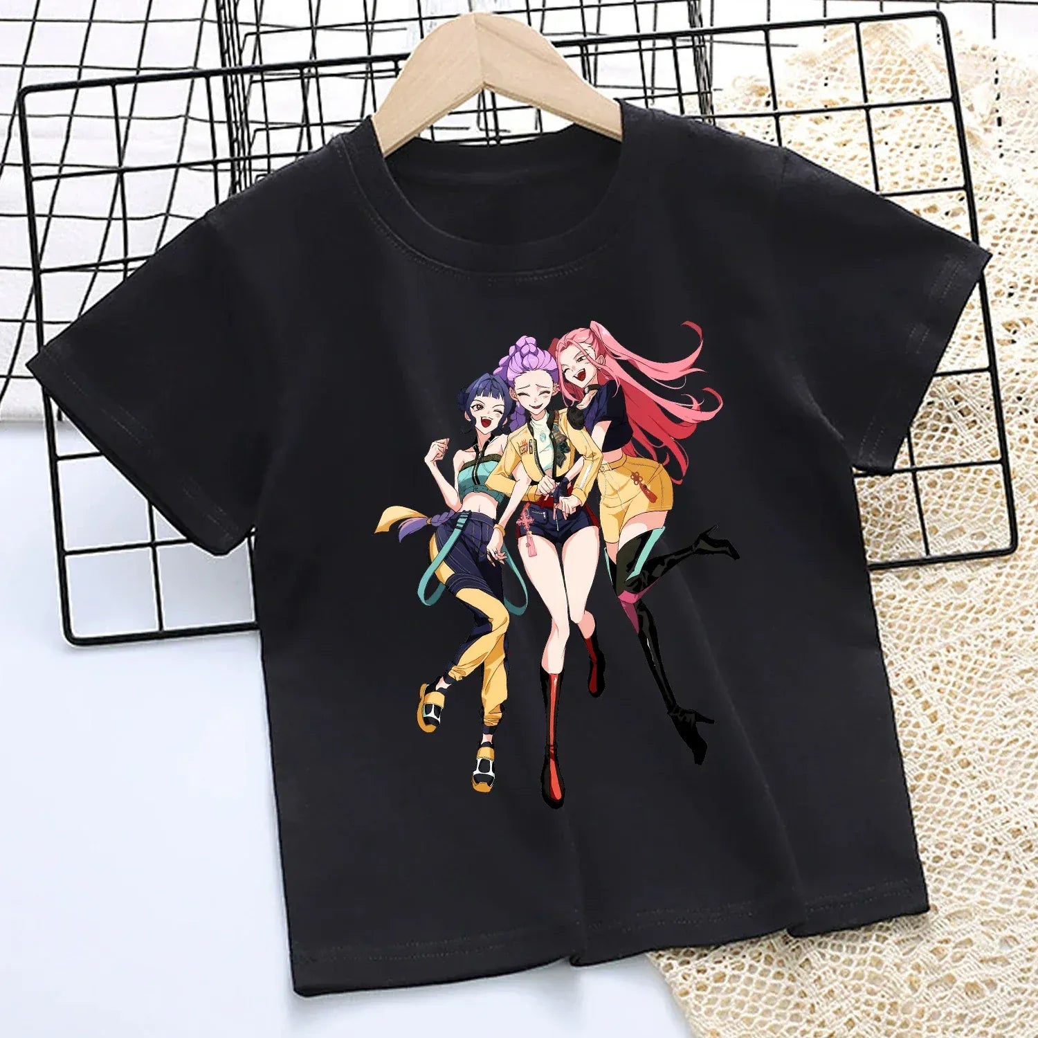 KPop Demon Hunters T-shirt for Children Cartoon Black Tee Top Girls Round Collar Short Sleeve Clothes Kids Summer Clothing Gift