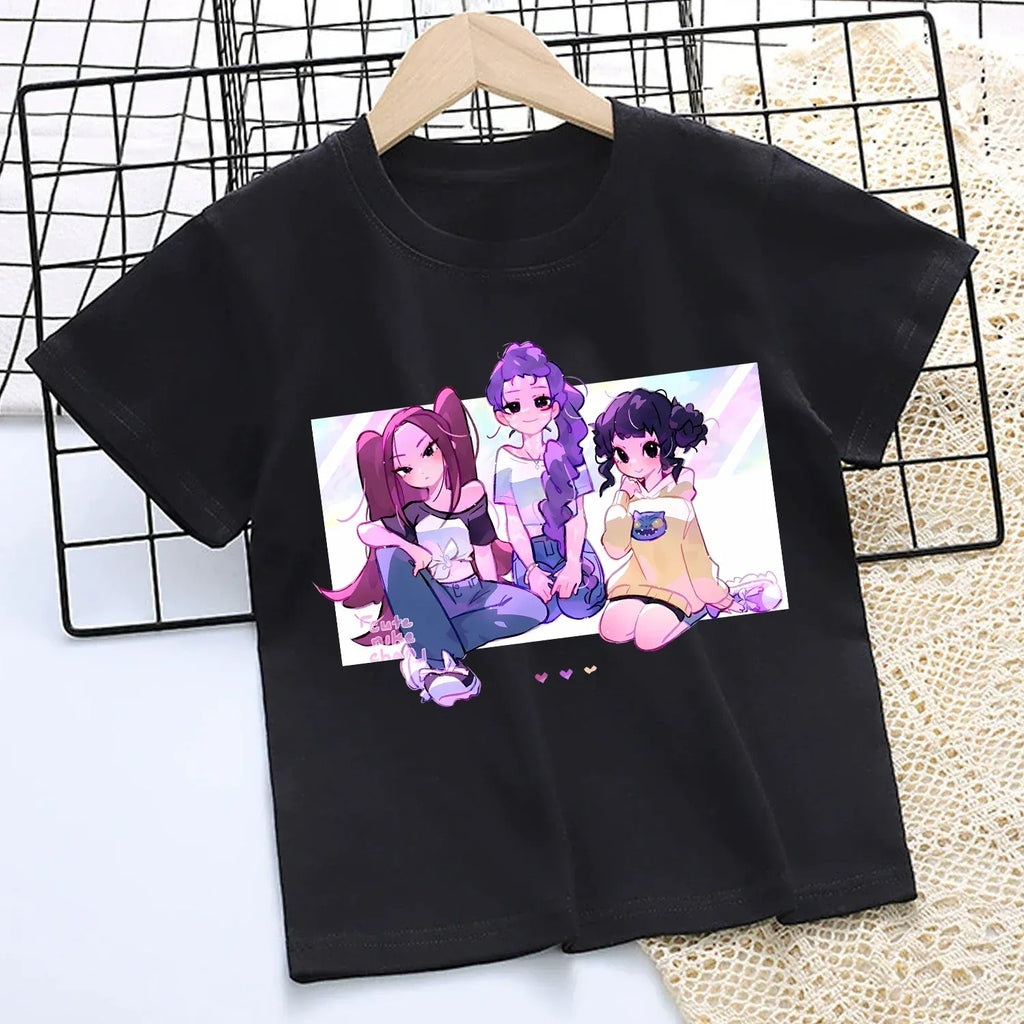 KPop Demon Hunters T-shirt for Children Cartoon Black Tee Top Girls Round Collar Short Sleeve Clothes Kids Summer Clothing Gift
