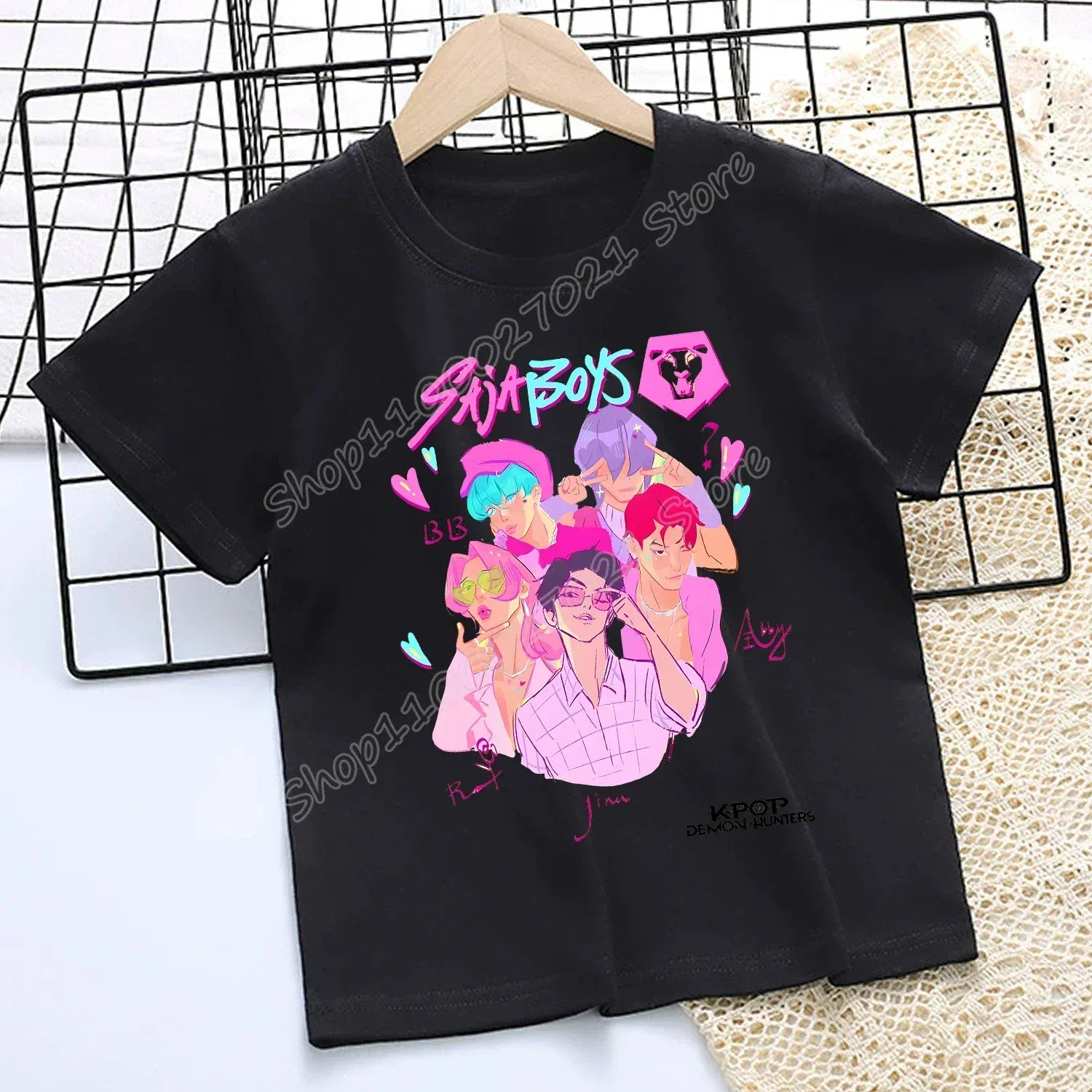 KPop Demon Hunters T-shirt for Children Cartoon Black Tee Top Girls Round Collar Short Sleeve Clothes Kids Summer Clothing Gift