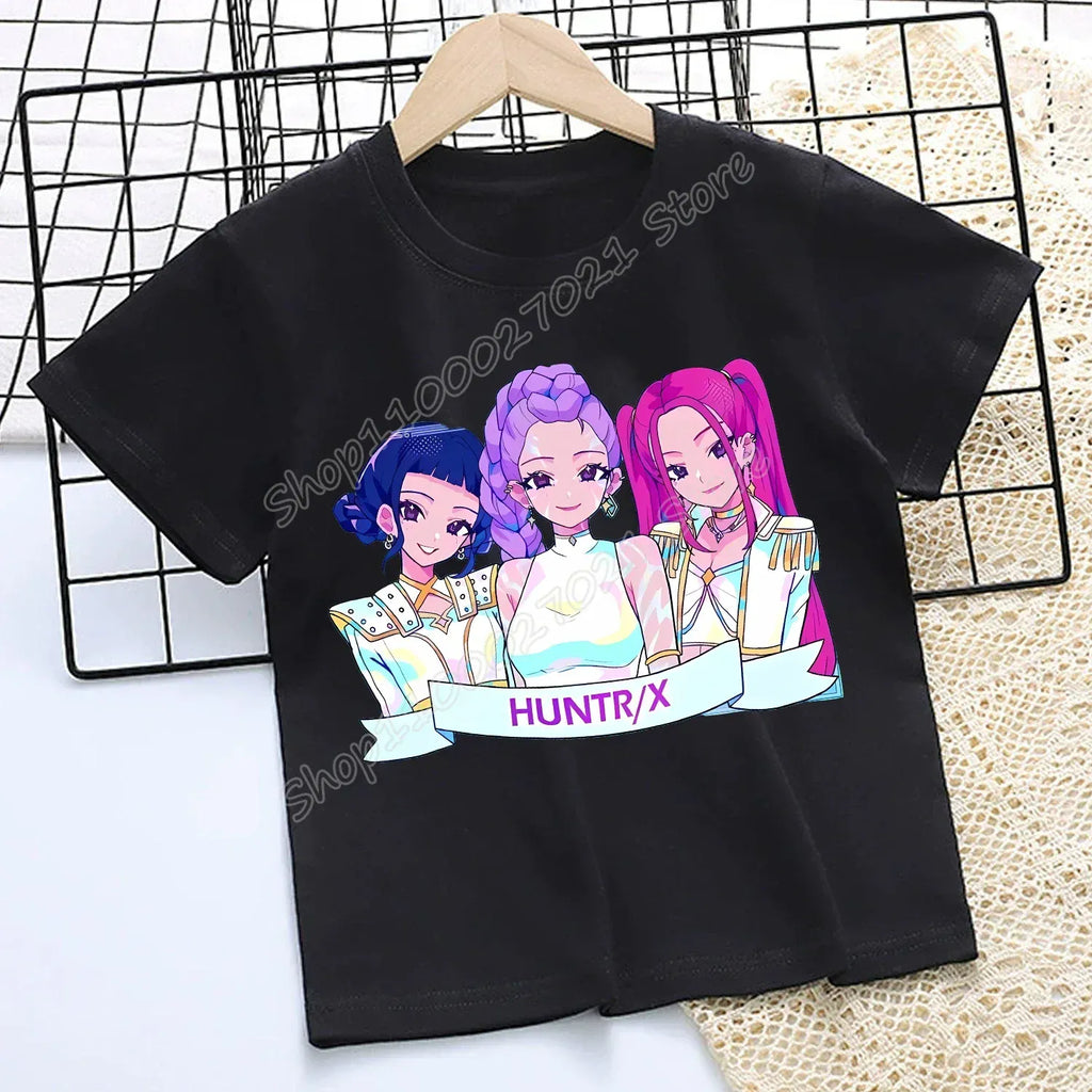 KPop Demon Hunters T-shirt for Children Cartoon Black Tee Top Girls Round Collar Short Sleeve Clothes Kids Summer Clothing Gift