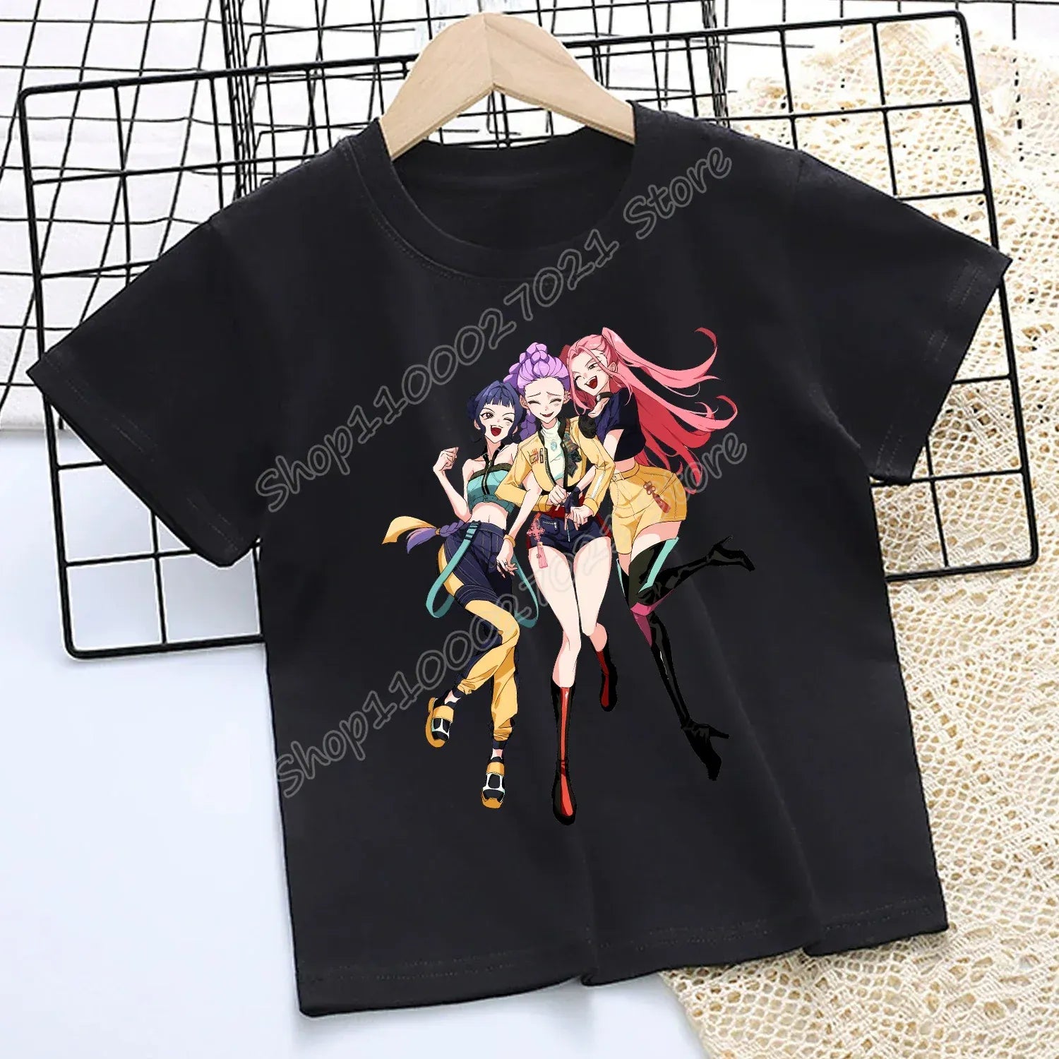 KPop Demon Hunters T-shirt for Children Cartoon Black Tee Top Girls Round Collar Short Sleeve Clothes Kids Summer Clothing Gift