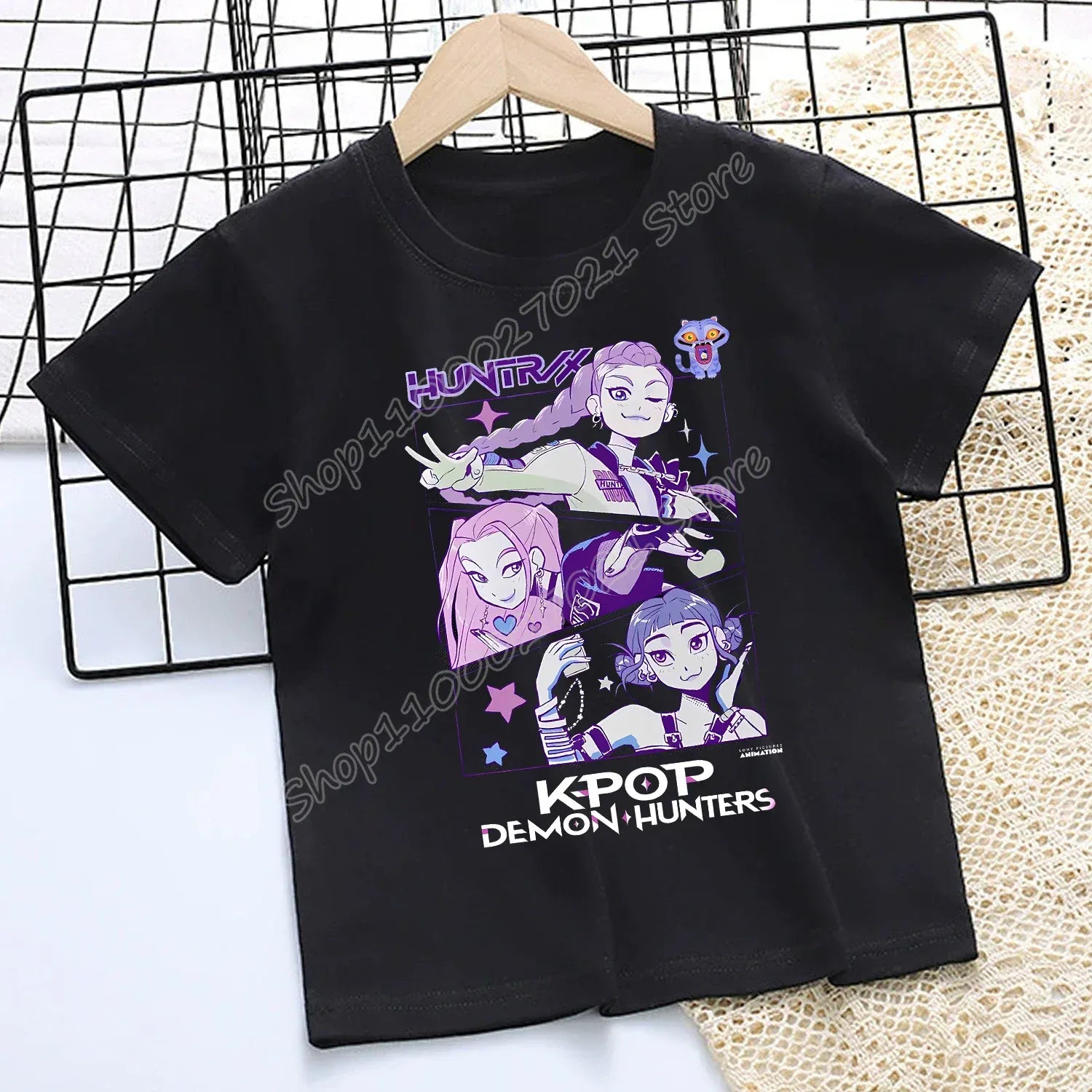 KPop Demon Hunters T-shirt for Children Cartoon Black Tee Top Girls Round Collar Short Sleeve Clothes Kids Summer Clothing Gift