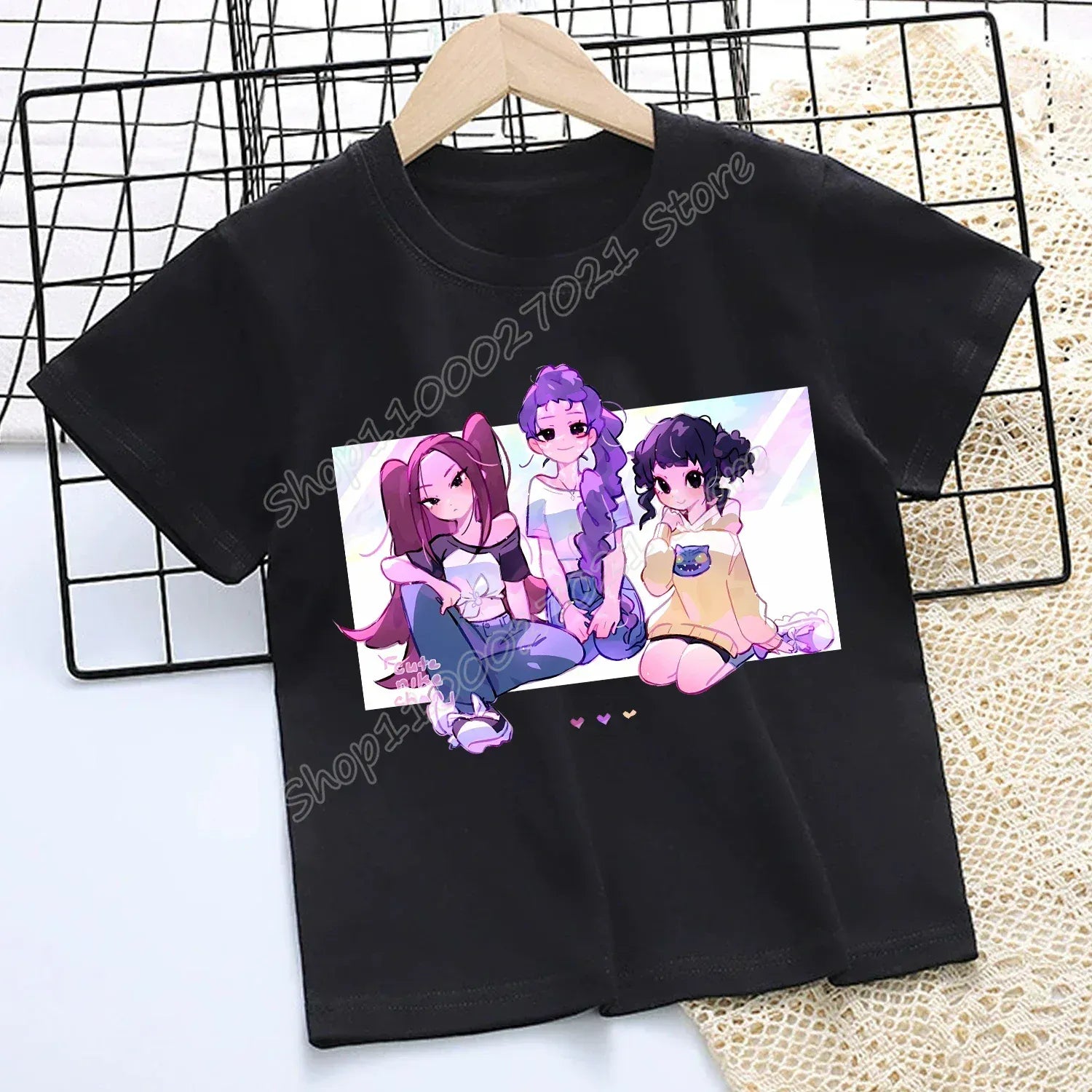 KPop Demon Hunters T-shirt for Children Cartoon Black Tee Top Girls Round Collar Short Sleeve Clothes Kids Summer Clothing Gift