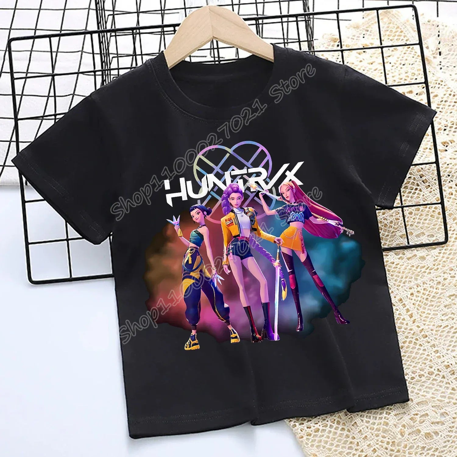 KPop Demon Hunters T-shirt for Children Cartoon Black Tee Top Girls Round Collar Short Sleeve Clothes Kids Summer Clothing Gift