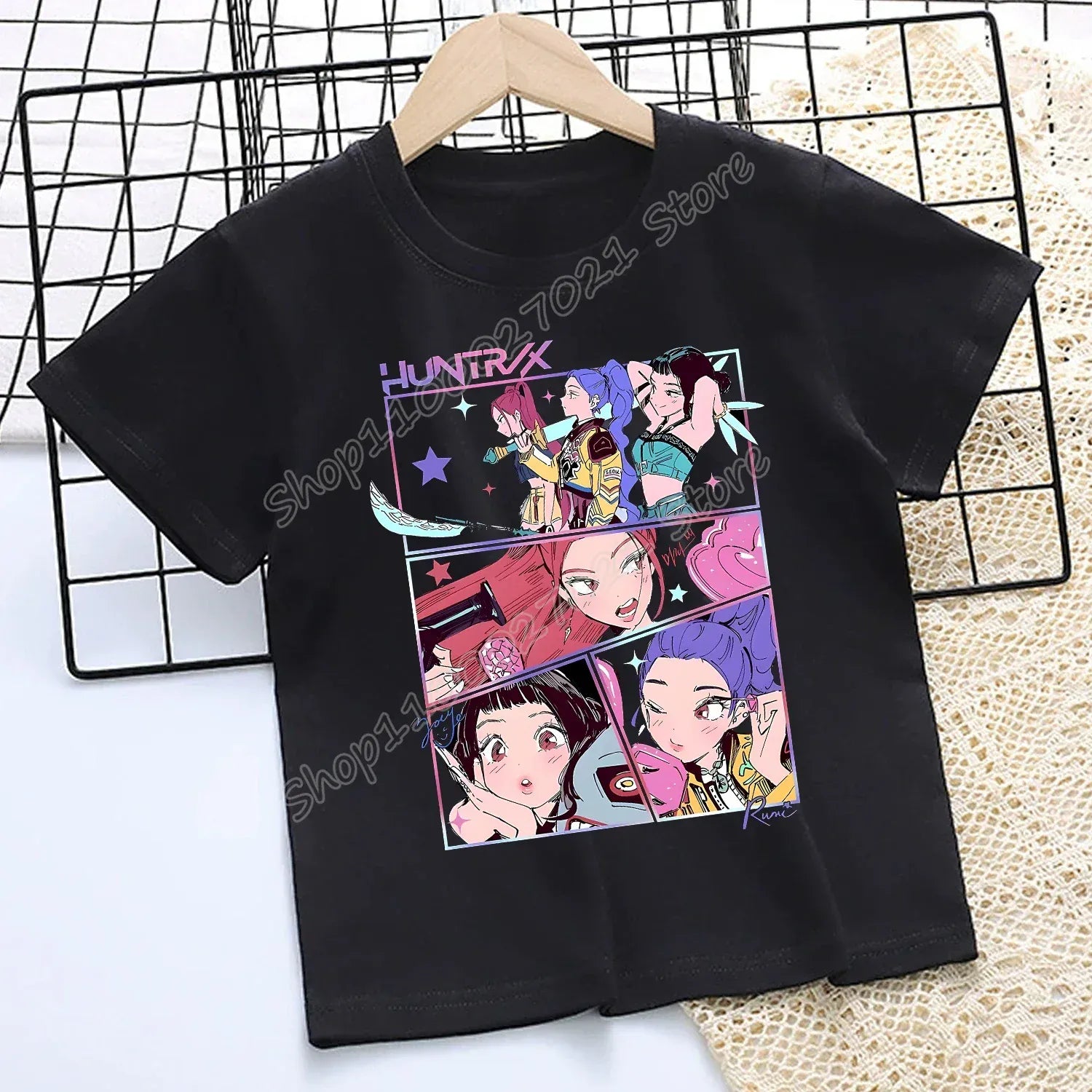 KPop Demon Hunters T-shirt for Children Cartoon Black Tee Top Girls Round Collar Short Sleeve Clothes Kids Summer Clothing Gift