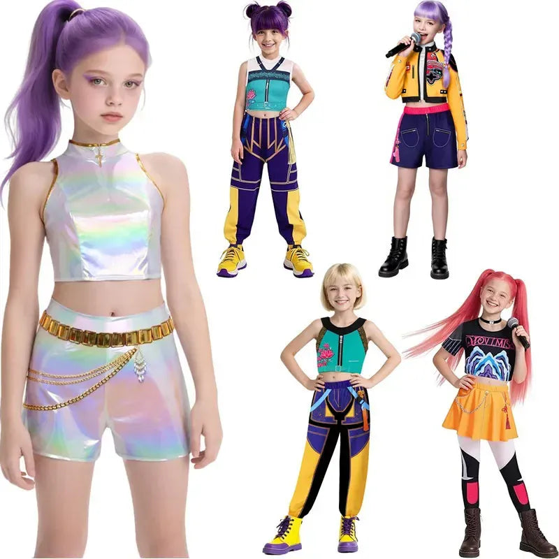 New K-POP Demon Hunter Cossplay Girls Costume Pop Singer Halloween Costume Kids Dress Up Stage Suit